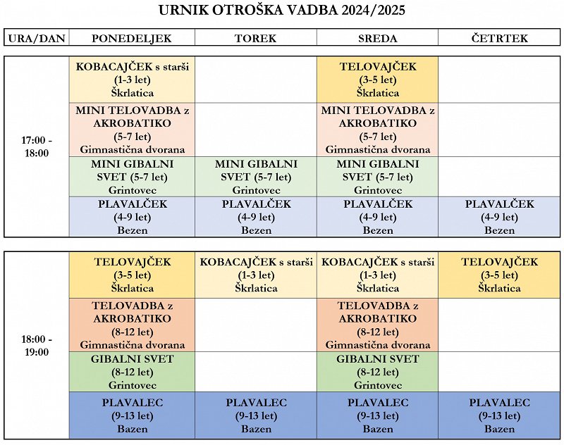 Urnik otroška vadba 2024-25