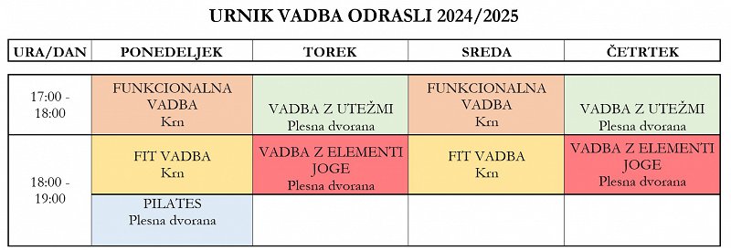 Urnik vadba odrasli 2024-25